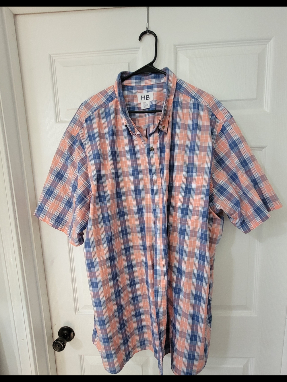 HB Men's Short-Sleeve Plaid Button-Down Shirt in Blue and Peach